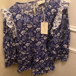 New cotton peplum top with ruffles in floral blue and white print, size L